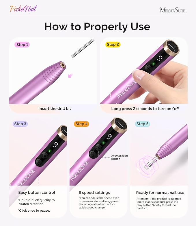 MelodySusie PocketNail Pen-Shaped Cordless Modular Nail Drill, PC100GR 20000RPM Slim Portable Rechargeable Electric File for Manicure Pedicure Nail Care, Shaping & Gel Removal at Home for Beginners