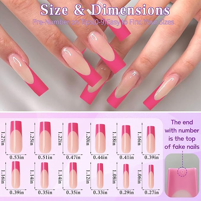 216PC Hot Pink French Tip Press on Nails Long Fake Nails Press ons with 10*Adhesive Tabs, Pink Square Acrylic Nails Press on Nails French Tip Nails False Artificial Fingernails Stick on Nails