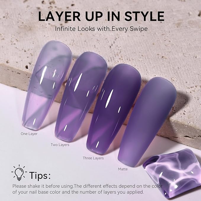 MEGIOR Crystal Purple Jelly Gel Nail Polish 0.5 Fl Oz Neutral Transparent Purple Colors Soak Off UV LED Lamp Light Cure Gel Polish Kit for Salon and Nail Art Starter Manicure DIY at Home