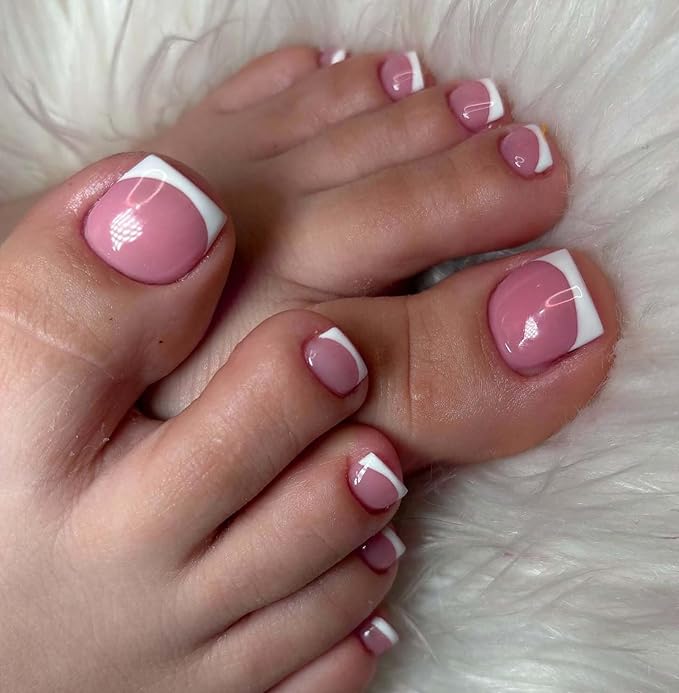 150pc White French Tips Press on Toenails Women Fake Toenail with Glue Tab, Berry Pink Toe Nail Press ons Nails Short Square Fake Toe Nail Tips French Glue on Toenails Stick Acrylic Toes Nails Kit