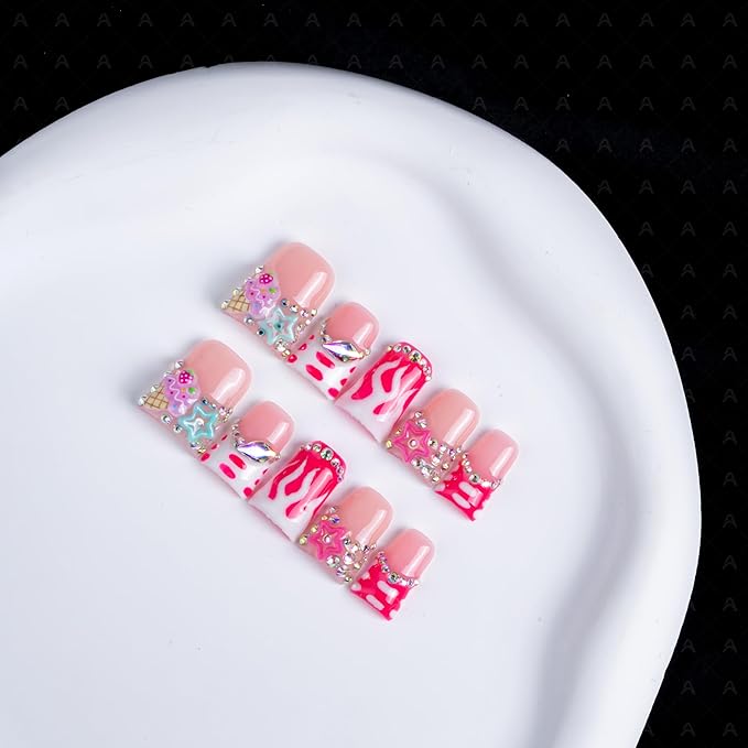 10 Pieces Luxury Acrylic Press On Nails Short Handmade Duck Nails, Pink Thickened False French Nails, Flame And Rhinestone, Reusable Fake Nails, Glow-in-the-dark Nails (S)