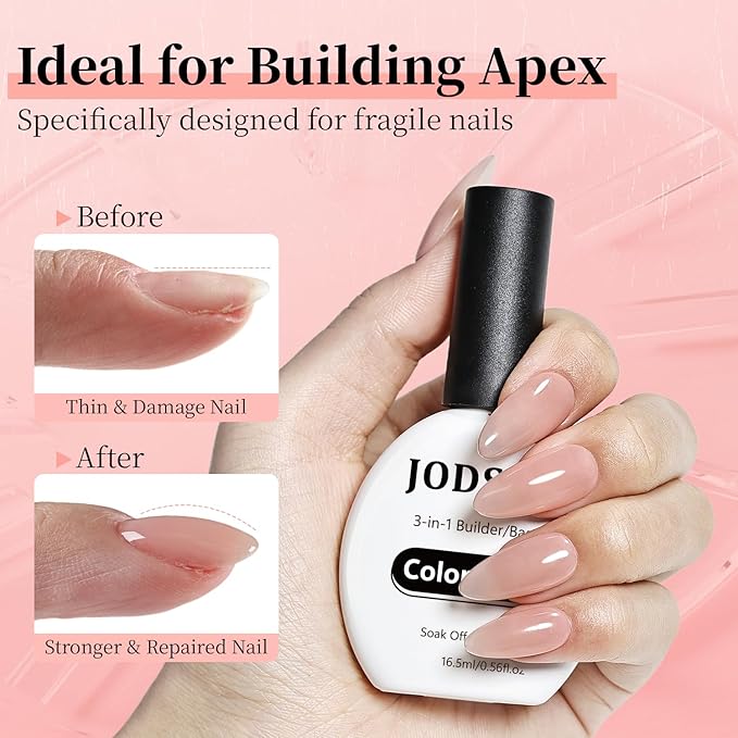 JODSONE Rubber Base Builder Gel for Nails,16.5ML 3-in-1 Nude Pink Rubber Base Gel Polish for Nail Thickening Solution Strengthen,Apex Building,Enhance