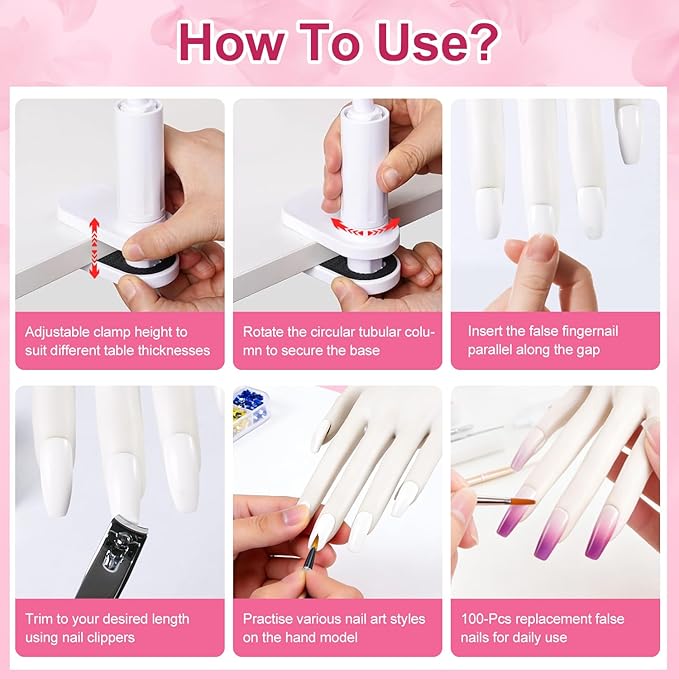 Practice Hand for Acrylic Nails, Acrylic Nail Training Mat , Manicure Trainng Hand Nail Kit for Beginners,Movable Nail Maniquin Hand with 50PCS Nail Tips,Acrylic powder, Brush and Clipper (White)
