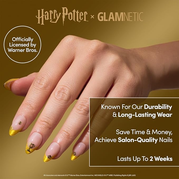 Glamnetic Press On Nails x Harry Potter™ - Helga Hufflepuff™ | Short Almond Fake Nails with Velvet Yellow French Tips & Gold Graphics, Officially Licensed | 15 Sizes - 30 Nail Kit with Glue