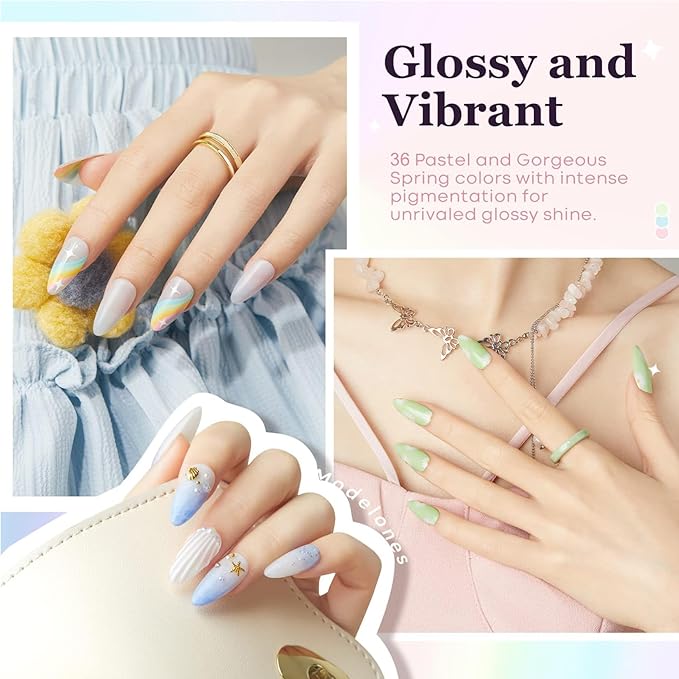 modelones 40 Pcs Gel Nail Polish Kit, 36 Colors 2026 Easter Spring Candy Pastel Gel Polish Set Soak Off LED Soft Light Purple Pink Blue Yellow Green with Base Coat& Matte Glitter Glossy Top Coat