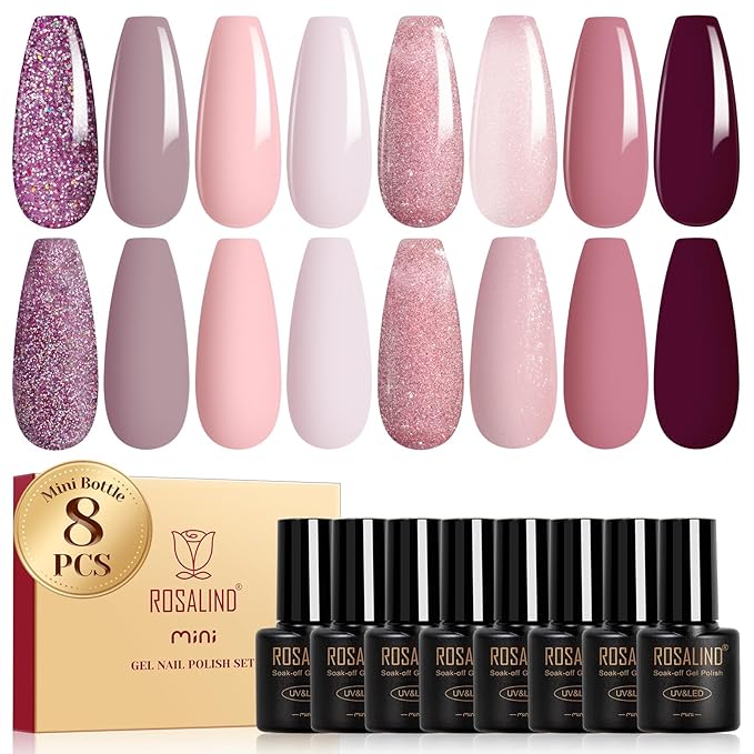 ROSALIND Gel Nail Polish Set, 8 Colors Pink Purple Glitter Gel Polish, Gentle Pink Elegant Purple Classic Gel Polish Collection Nail Art Gift DIY at Home