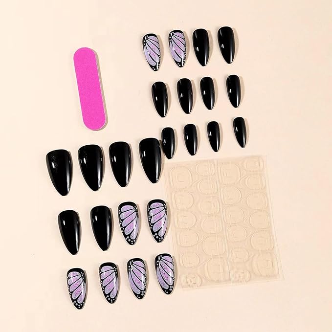 Black Press on Nails Pink Butterfly Wings Fake Nails Short Almond Glue on Nails Black Solid Color Glossy Full Cover Easy to Use Acrylic Stick on Nails For Daily and Party 24 Pcs