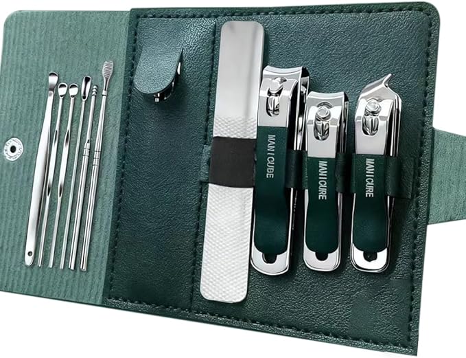NOVANO 10-Piece Nail Clippers Set, Stainless Steel Manicure Pedicure Kit with Portable Travel Case - Professional Grooming Tools for Fingernails/Toenails, Ideal Gift for Men & Women (Green)