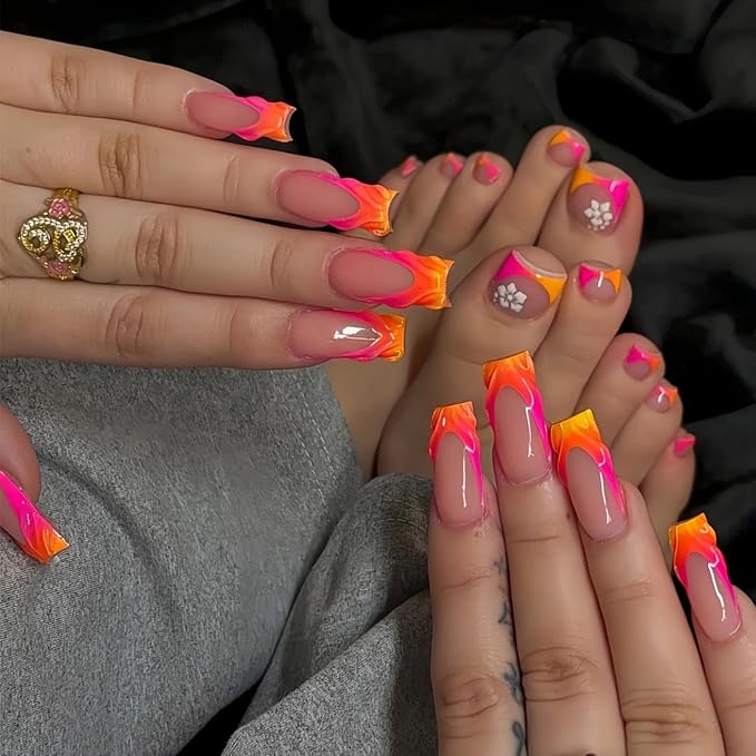 48Pcs Gradient Orange Pink French Tips Press on Toenails Water Ripple Press on Nails Long Square False Nails with Ombre Design White Flower Fake Toes Glossy Skin Tones Nails for Women DIY Manicure