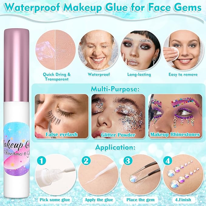 5608Pcs Makeup Rhinestones with Face Glue, Flatback Colorful Face Gems Crystal AB&Clear Eye Jewels with Pickup Dotting Tools for Eye, Body Makeup, Nail Art and DIY Crafts