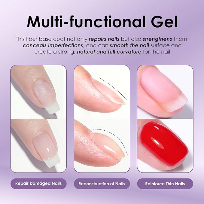 Fiber Glass Rubber Base Gel Nail Polish, Glossy Glass Brush on Nails Strengthener Base Coat for Repair Broken Damaged Nails, LED UV Lamp Required Soak Off Building Gel-04,7ml