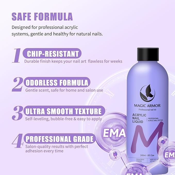 8FL.OZ EMA Monomer Acrylic Nail Liquid with 3 Acrylic Brushes (8/10/14) for Nail Extensions & Carving, MMA-Free, Non-Yellowing, Ideal for DIY & Professional Salon Use