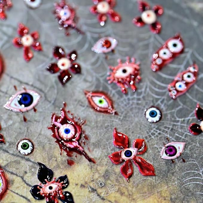 1 Sheet Halloween Nail Stickers 3D Self Adhesive Flower Eyes Nail Art Stickers 5D Embossed Devil's Flower Nail Decals Glossy Red Black Nail Design Holiday Nail Art Supplies for Women Girls