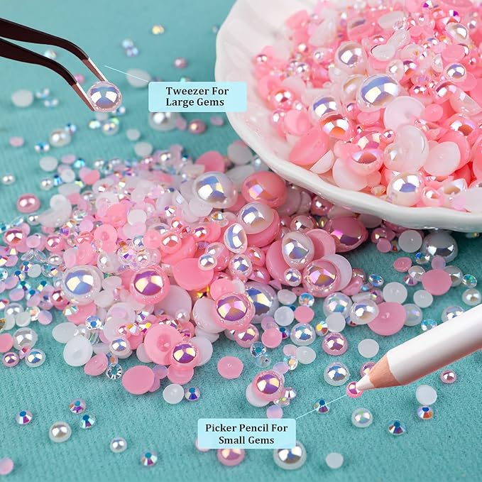 BELLEBOOST 50g Flatback Pearls and Rhinestones Set 1-Pink&White, Mixed Size 3-10mm Resin Rhinestones and Half Pearls for Nail Art and Crafts and Decoration with Tweezer and Pickup Pencil