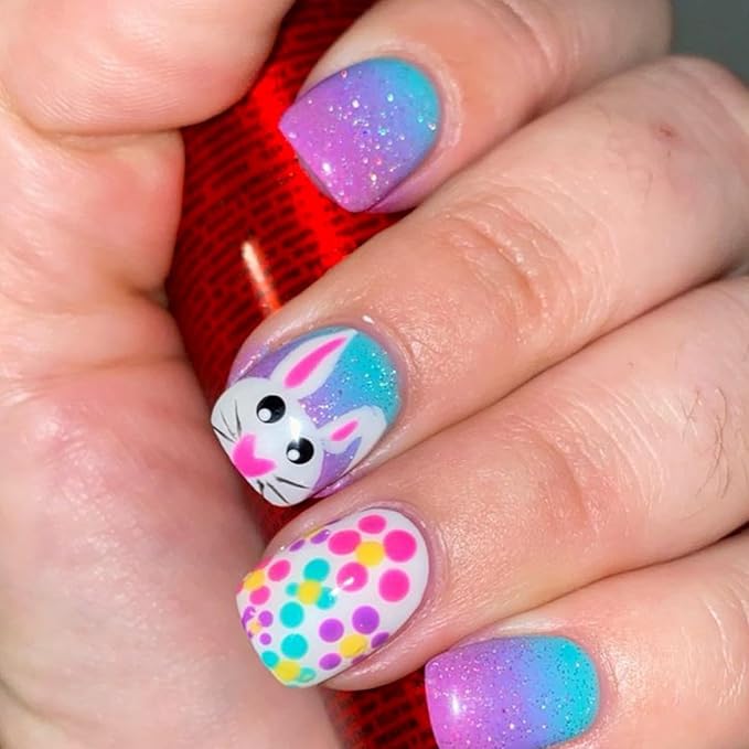 24 Pcs Easter Glitter Gradient Press on Nail Short Square Easter Big Eyed Rabbit Fake Nails Full Cover False Nails with Spring Easter Bunny Colorful Dots Designs Acrylic Nails for Women Girls Nail Art