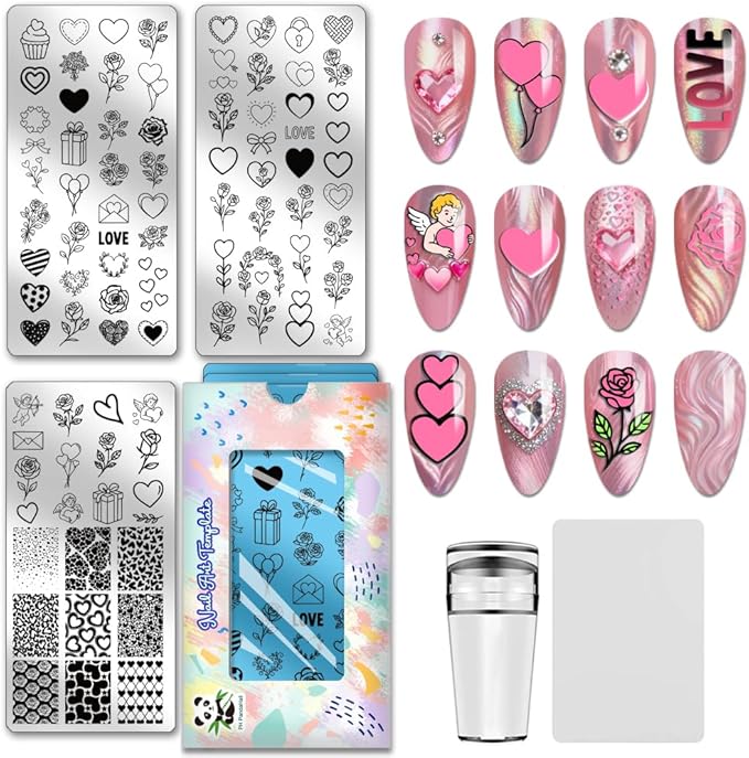 PH PandaHall 3pcs Love Heart Nail Stamping Templates Rose Flower Nail Art Templates Valentine's Day Stencils Angel Stainless Steel Image Plates Tool for Women Print Manicures Salon Design