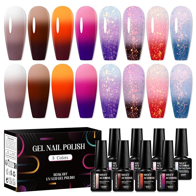 MEET ACROSS 8Pcs Color Changing Gel Nail Polish Set Nude Brown Amber Temperature Mood Changed Glitter Nail Polish Gel Polish DIY Salon Gift for Women