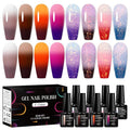 MEET ACROSS 8Pcs Color Changing Gel Nail Polish Set Nude Brown Amber Temperature Mood Changed Glitter Nail Polish Gel Polish DIY Salon Gift for Women
