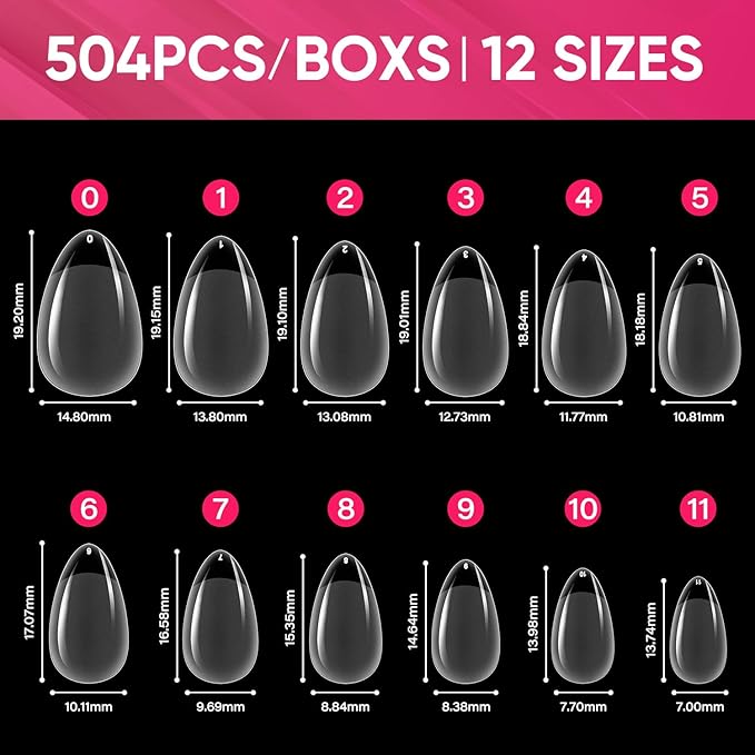 AIMEILI Short Almond Nail Tips, 504Pcs Pre-Shape Clear Short Nails Press On Nail Fake Nails for Nail Extension Full Cover False Nails Gelly Tips DIY Nail Salon 12 Sizes