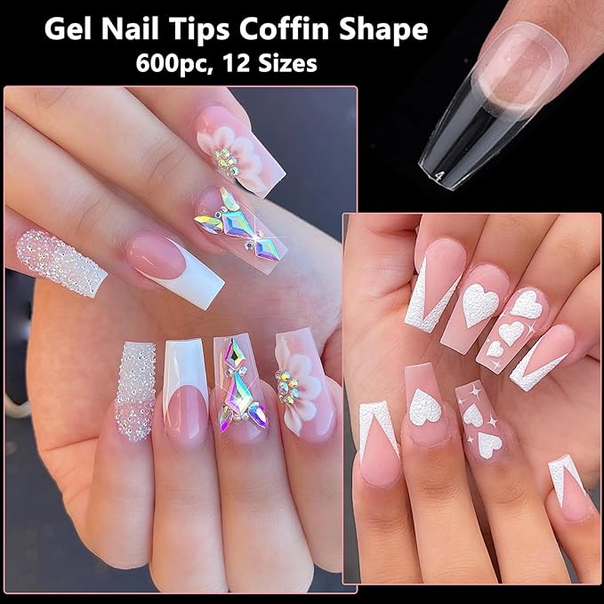 LoveOurHome 600pc Coffin Fake Nail Tips Clear Press on Nails Medium, Full Cover Gel Nail Tips Coffin Clear Medium Fake Nail Soft Gel False Nails Artificial Fingernails for Acrylic Nails Extension