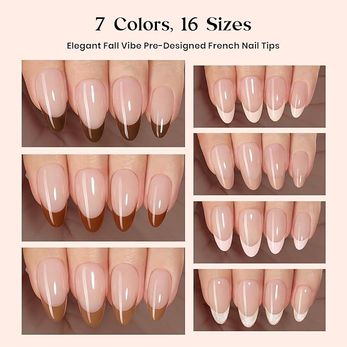Beetles French Tip Press On Nails - Cappuccino Mousse French | 7 Colors Medium Almond Press On Nails Brown | 16 Sizes 224 Pcs Natural Salon Quality For Women