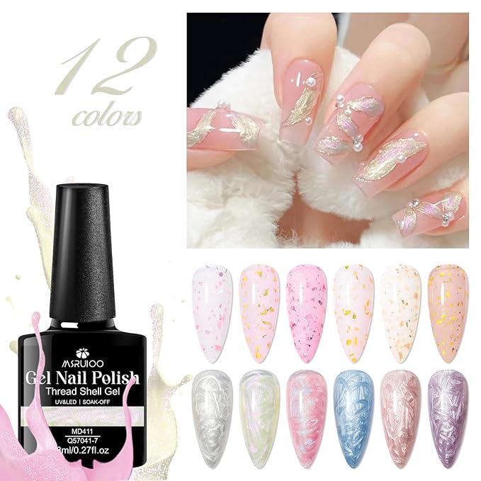 12Pcs Rubber Base Gel Polish, Builder Gel Nail Polish Gold Foil Pink Structure Quick Extension Gel + Pearl Gel Nail Polish Pink Blue Purple Swirl Shell Thread Effect Manicure Kit