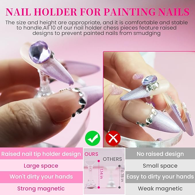 Nail Stand For Press Ons Tall Extra-High Nail Tip Holder For Painting Art Supplies Magnetic Wood Display With 1 Heart Fake Nail Stands, 200Pcs Double Sided Tape, Decorating Art Accessories Kit