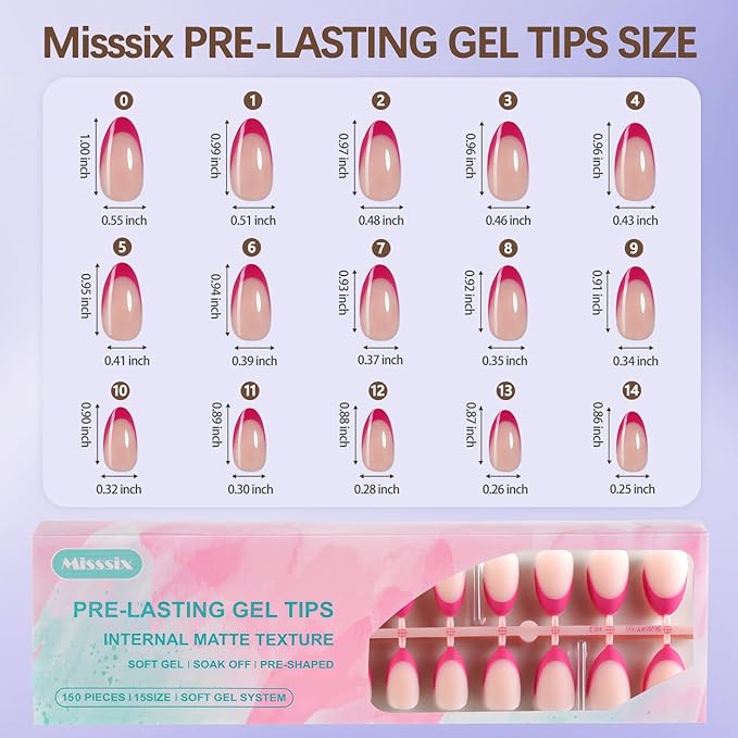 Misssix French Tip Press On Nails, 150Pcs French Gel Nail Tips, Short Almond Soft Gel Fake Nails, X-BASIC Tips Starter Kit for Nail Art DIY 15 Sizes