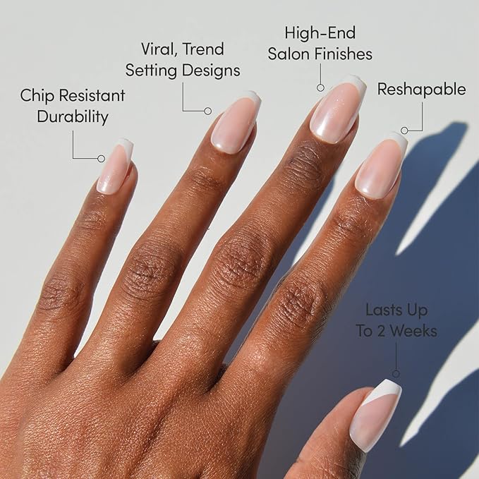 Glamnetic Press On Nails - Pearl Glaze | Medium Coffin White French Tip Fake Nails, Salon Quality French Manicure | 15 Sizes - 30 Nail Kit with Glue