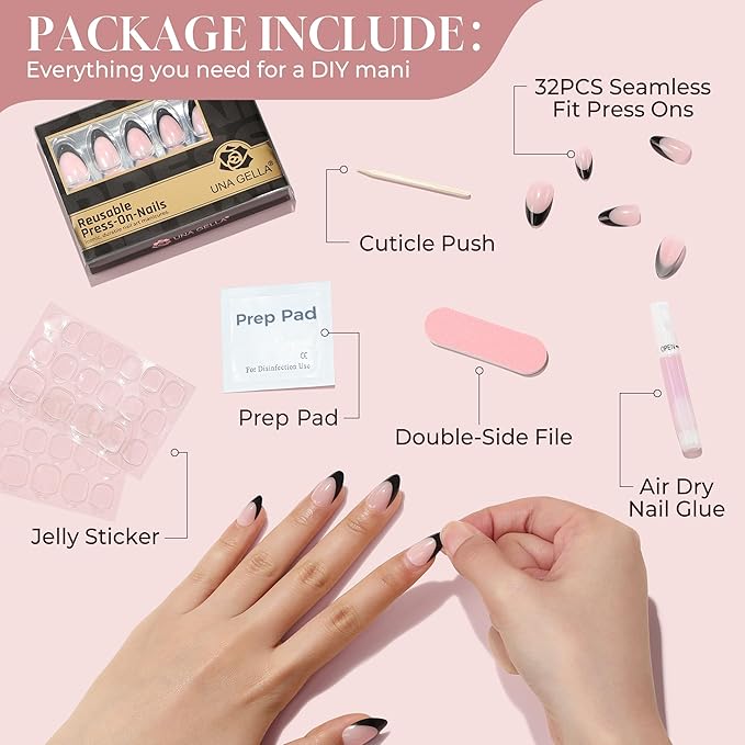 UNA GELLA French Tip Press On Nails Almond: Fall Winter Black Soft Gel Press Ons Short Kit with Nail Tips Glue on Nails, 16 Sizes - 32 Reusable Fake Nails, Black French