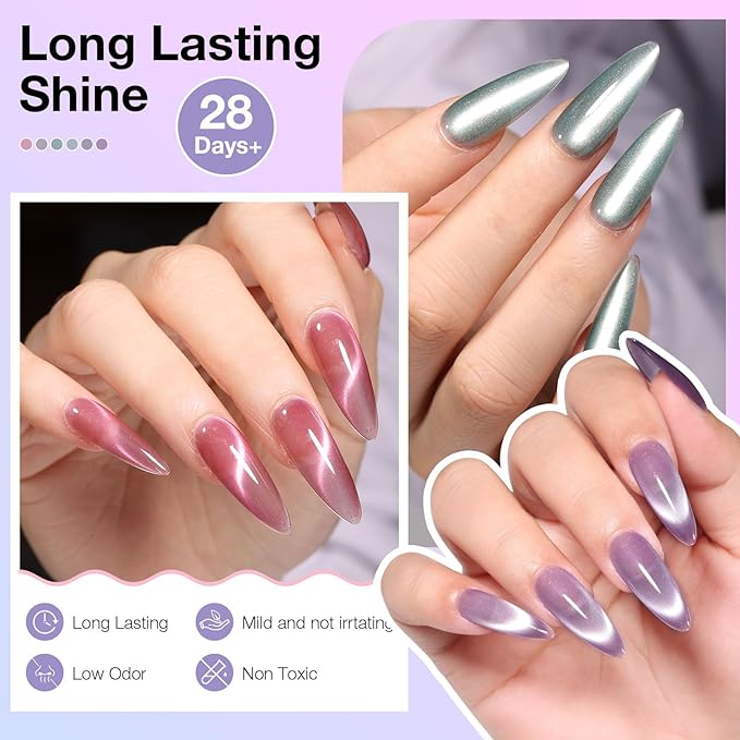 Cat Eye Gel Nail Polish Set, 6 Colors 12ML Glass Nail Polish Gel with Magnet, Soak Off UV LED for Home Salon Manicure Gift for Women