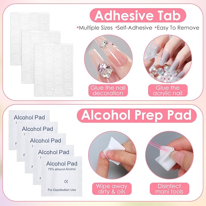 100 Pcs Pink Press On Nail Tool Kit for Business - Prep Application Disposable Kit with File, Glue, Prep Pads, Adhesive Tabs, Wood Stick, Holographic Bag