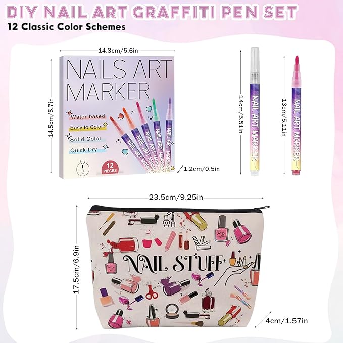 12 Colors Nail Art Pens Set & Women Make up Bag，1mm Acrylic Nail Art Polish Pen Point Graffiti Dotting Drawing Painting Liner Brush for Art Design DIY Manicure Tools Cosmetic Bag with Zipper