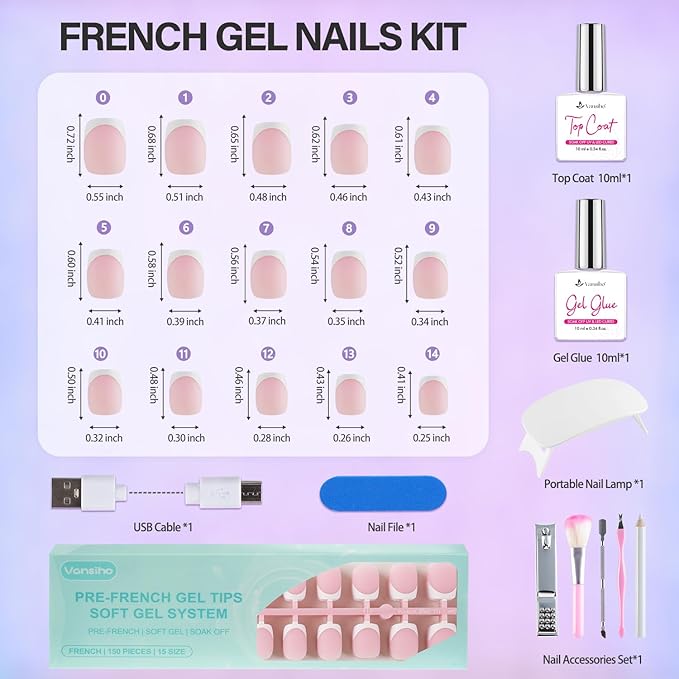 Vansiho Pink French Gel Nails Kit - Short Square Nail Tips with Nail Gel, Top Coat and Nail Lamp for Gift and Nail Art DIY