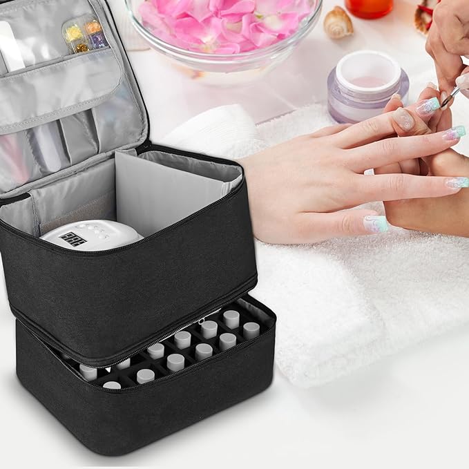 Buruis Double-Layer Nail Polish Organizer Bag, Holds 27 Bottles (15ML/0.5 FL.OZ or Larger), Nail Tools & Dryer Storage Case with Adjustable Dividers (Black)