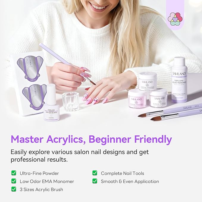 SAVILAND Essentials All-In-1 Acrylic Nail Kit with Drill: Nourishing Nail Kit for Beginners with Everything Clear White Pink Acrylic Powder Liquid Set 88W Nail Lamp Gel Nail Polish For Home DIY