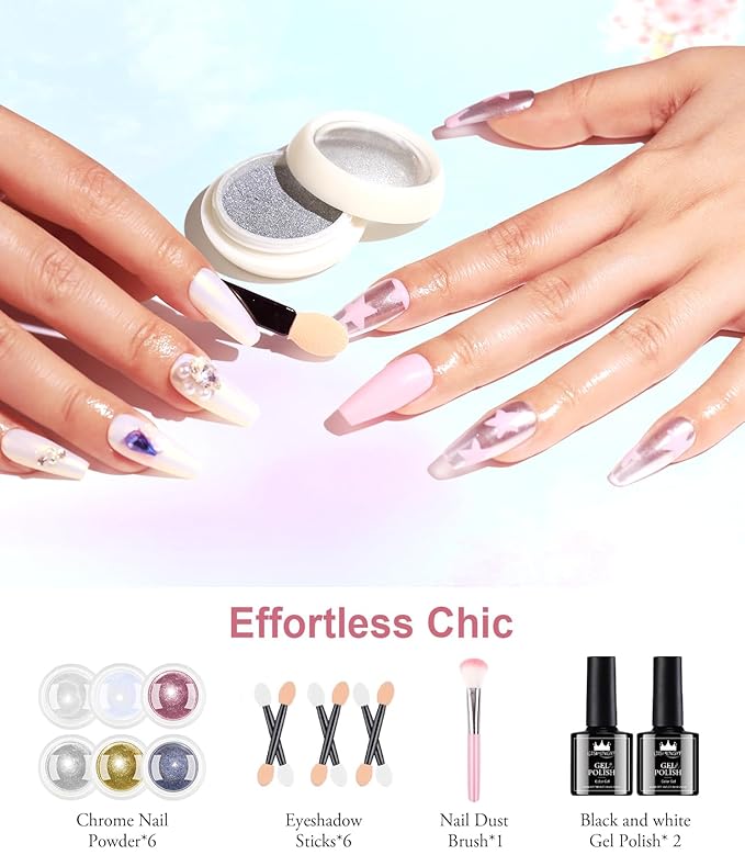 Chrome Nail Powder Kit - Black White Colors Gel Polish Mirror Metallic Effect Holographic Aurora Iridescent Pearlescent Manicure White Pearl Chrome Nail Powder for Nails DIY