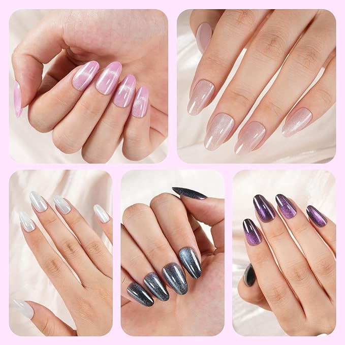 Cat Eye Press on Nails, 300Pcs Short Oval Cat Eye Nail Tips, Glossy Glitter Soft Gel Fake Nails for Women and Girls Stick On Nails in 15 Sizes