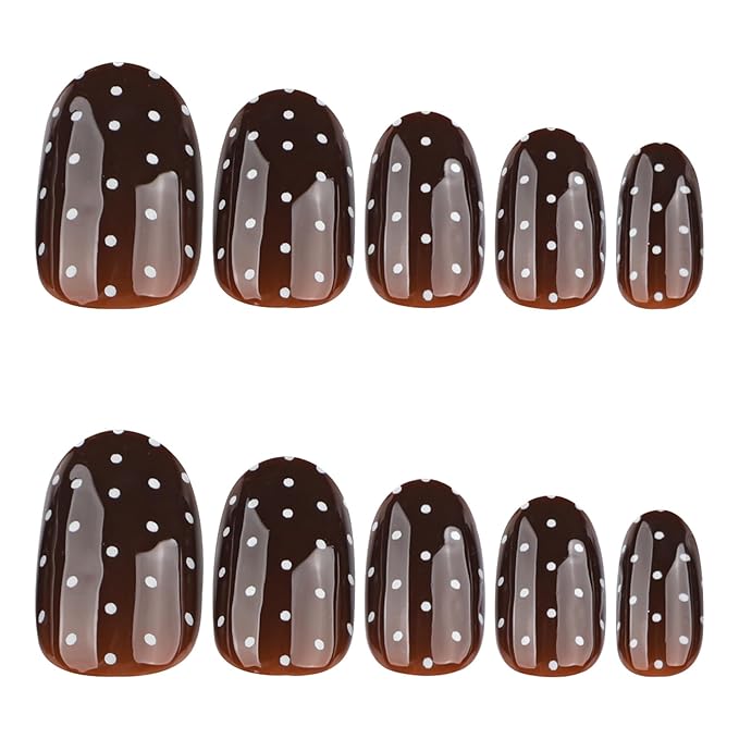 Short Press on Nails Oval - Brown Fake Nails with Polka Dot Design - Cute Glossy Full Cover Stick on Press ons - for Women Fall Manicure 24 Pcs