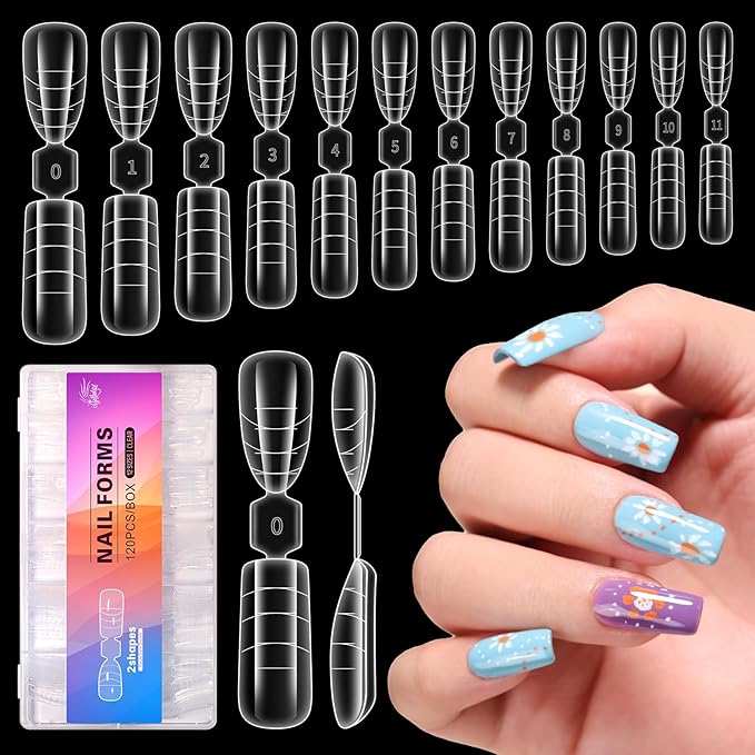 Dual-ended Nail Forms, 120PCS 12 Sizes Square Almond Shape Embeddable Poly Gel & Acrylic Nail Extension Molds Kit, Reusable for DIY French Manicure, Salon-Quality at Home
