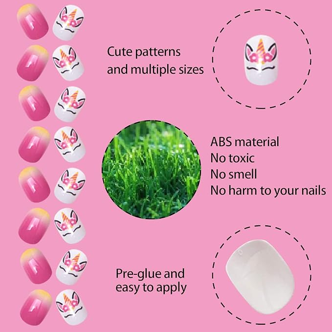 SIUSIO 120 Pcs 5 Pack Children Acrylic Fake Nails Press on Pre-glue Full Cover Glitter Gradient Color Rainbow Short False Nail Art Kits Set for Kids Little Girls - Unicorn Series