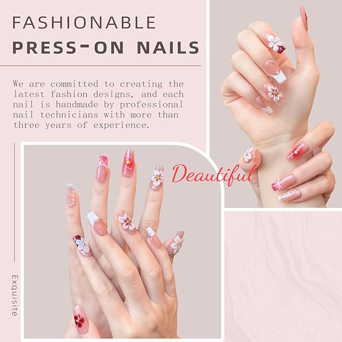 Nude Pink Handmade Press on Nails – Long Coffin Shaped Fake Nails with Rhinestones & Flower Designs | Full Cover Thick Acrylic & Multi-Layer Gel Stick on Nails (M-10PCS)