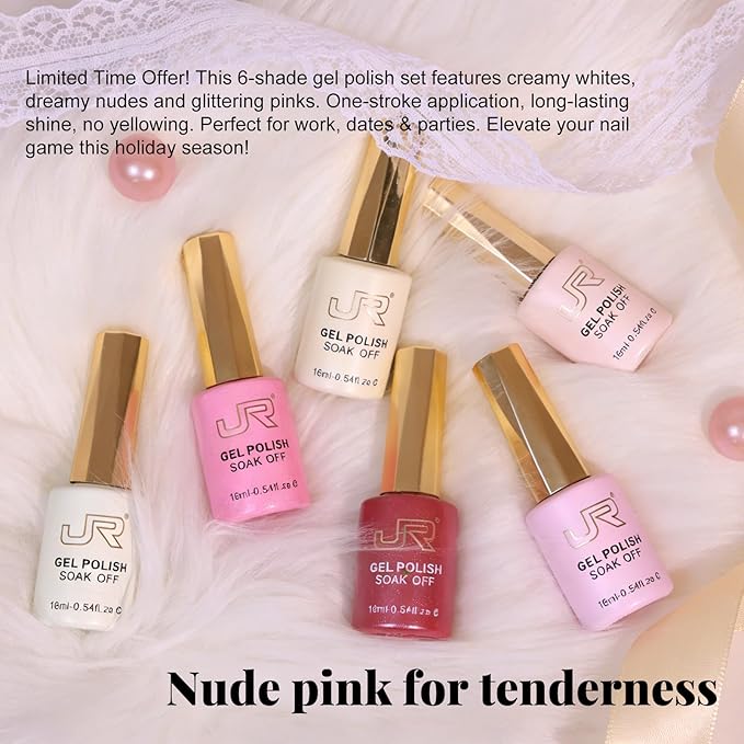 JR Gel Nail Polish Set, 16ml Full Size Bottle 6 Colors Milk White Pink 9D Cateye Glitter Nail Gel Polish Gift Soak Off Led Nail Art Kit Salon DIY Colorful Bottle A