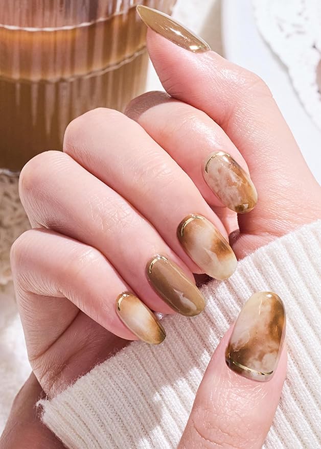 ohora Semi Cured Gel Nail Strips (N Cafe Creme) - Works with Any Lamps, Salon-Quality, Long Lasting, Easy to Apply & Remove - Includes 2 Prep Pads, Nail File & Wooden Stick