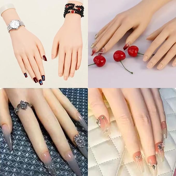 Practice Hand for Acrylic Nails Realistic Mannequin Hand for Nails Practice Soft Flexible Bendable False Fake Nail Hand Art Trainer Manicure Practice Hand Tool and Rings Display of Bracelets (Right)