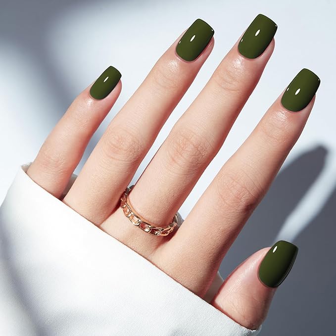 Modelones Moss Green Press on Nails, Short Square Fake Nails, Reusable Nail Kit with Nail Glue Adhesive Tabs Mini Nail File, Spring Nails Press Ons 32Pcs16 Sizes, Women Girl Gift