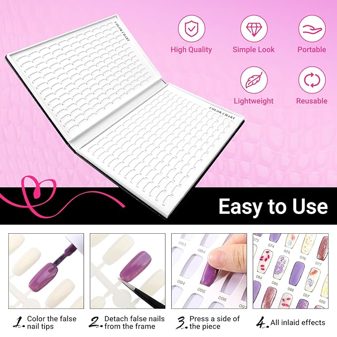 Segbeauty 308 Color Nail Sample Book Organizer, Black Nail Polish Display Book Swatches, Fake Nails Color Swatches with 360 False Tips, Art Salon Gel Nails Polish Display Case Boxes Holder Container