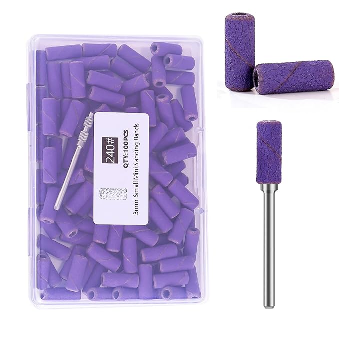 100pcs Nail Drill Bits Small Sanding Bands with 3.1mm Mandrel Bit, 240 Extra Fine Grit Nail File Sanding Bands for Acrylic Nails Gel Removing Shaping Manicures and Pedicure (Purple, 240 Grit)