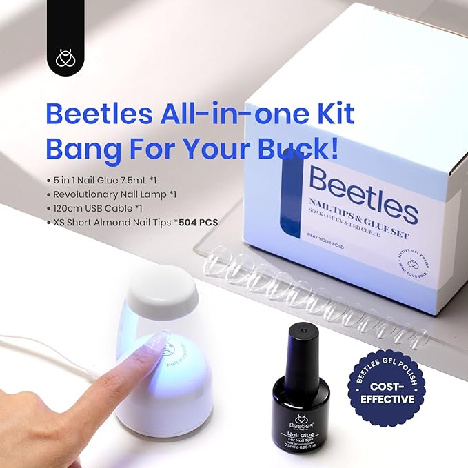 Beetles Gel Nail Kit Almond Short, 500Pcs Pre Shaped Clear Extra Short Almond Gel Nail Tips Easy Nail Extension Set with 5 in 1 Multifunctional Nail Glue Base Uv Led Nail Lamp Nail Art Gifts for Women