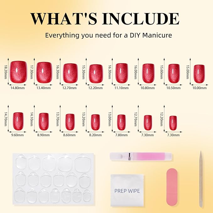 Red Cat Eye Press On Nails - Short Square Press on Nails Crimson Nails Press Ons for Women Glossy Fake Nails Kit with Glue, DIY Glue on Nails Short in 15 Sizes - 30pcs, Velvet Red